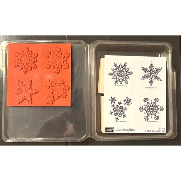 Vintage 1998 Stampin Up! Lace Snowflakes WOOD MOUNTED Rubber Stamp Set Of 4 - Picture 3 of 3